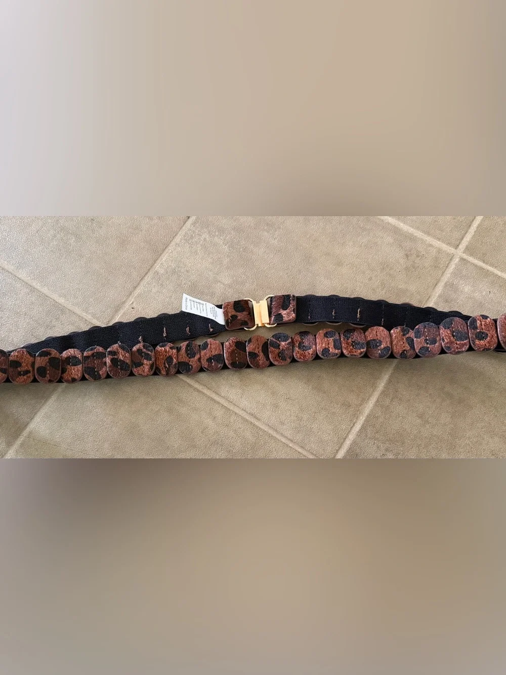 Leopard Print Elastic Women's Belt Black Copper Sheen Faux Hair Gold Tone Clasp